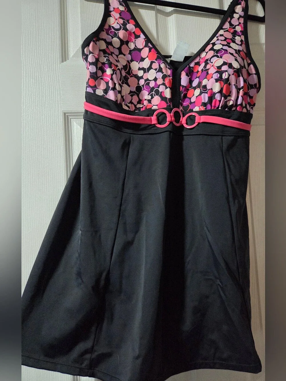 Black One-Piece Swimdress with Pink Polka Dot Bodice